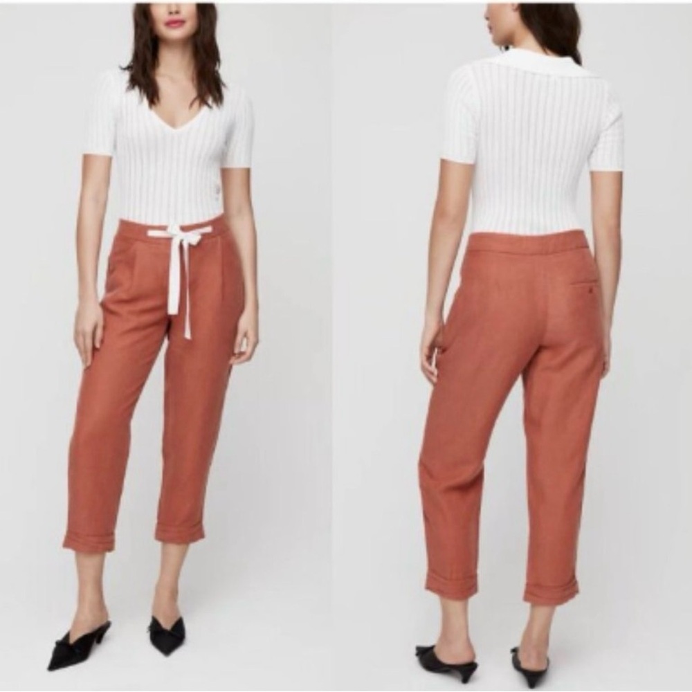Wilfred Aritzia Rust-Tone Drawstring Linen Crop Trouser Pants with Cream Tie